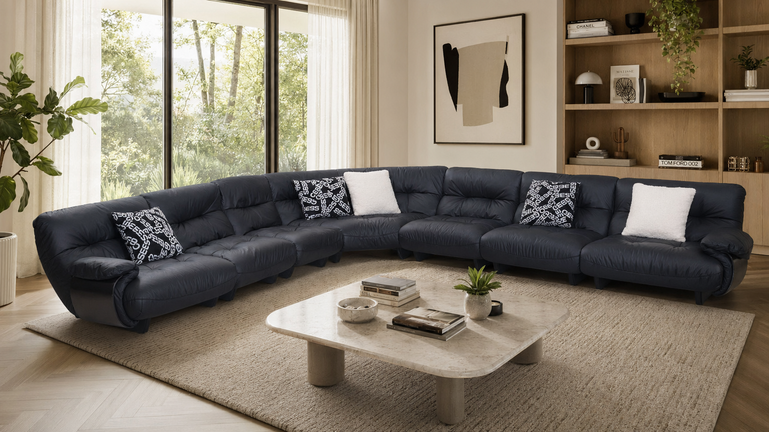 Ebony Quilted Leather Sectional - lifestyle view by FOBOO