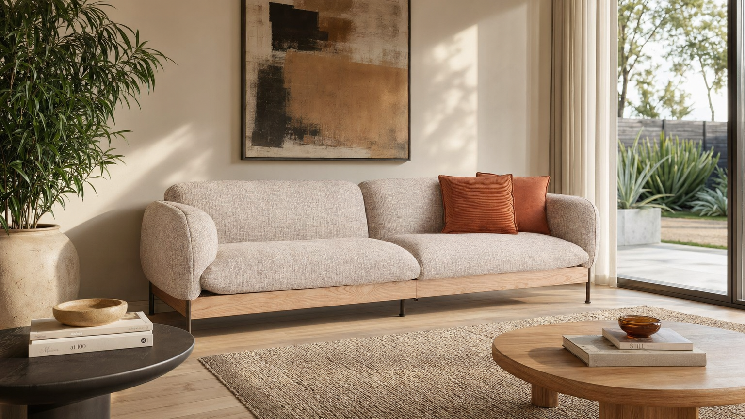 Oatmeal Linen Sofa with Oak Frame - lifestyle view by FOBOO