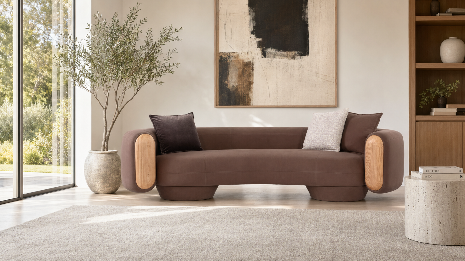 Cocoa Nubuck Sculptural Sofa - lifestyle view by FOBOO
