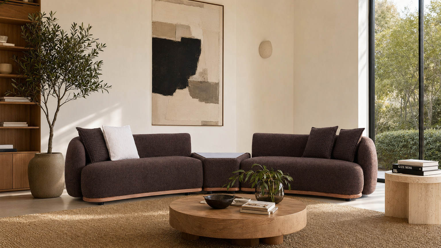 Walnut Curve Sectional with Stone Table - lifestyle view by FOBOO