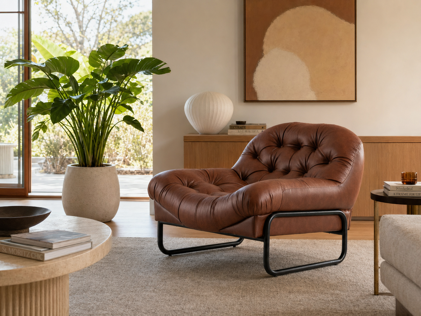 Cognac Tufted Leather Lounger - lifestyle view by FOBOO