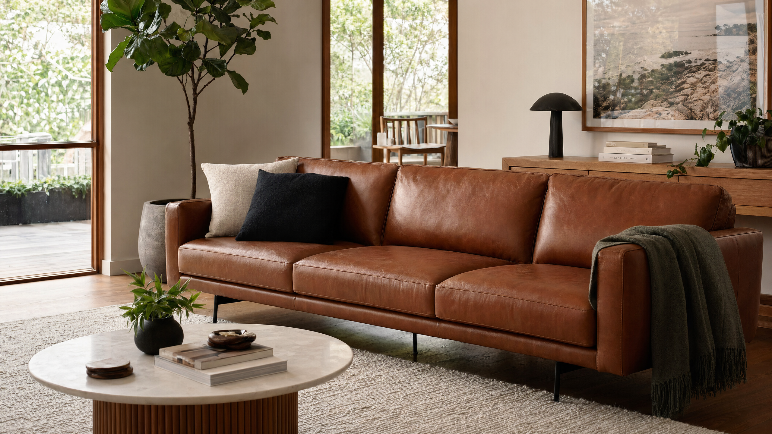 Waffle Leather Sofa - lifestyle view by FOBOO
