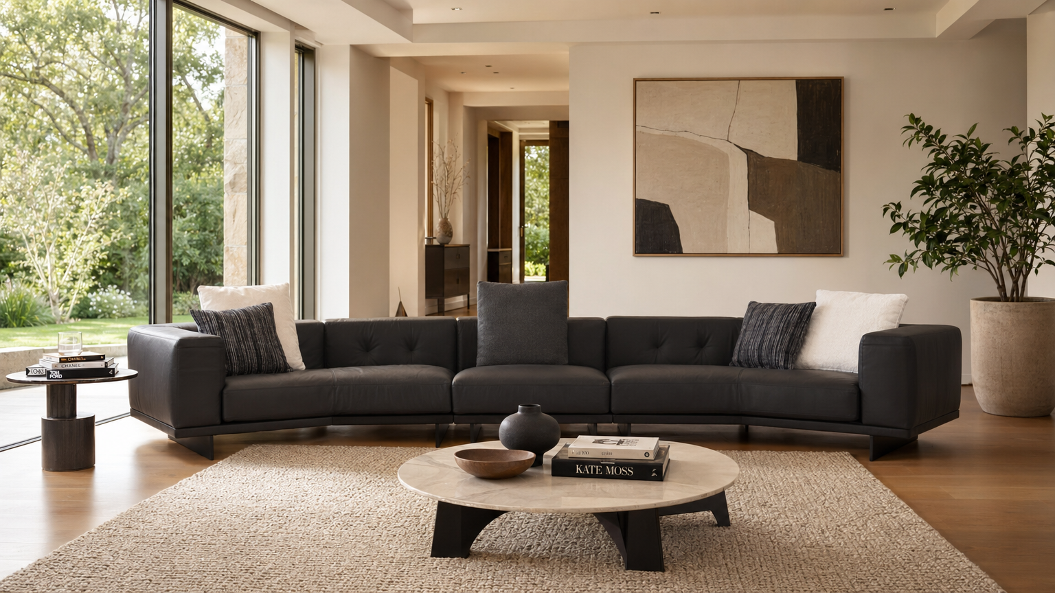 Obsidian Curved Leather Sectional - lifestyle view by FOBOO