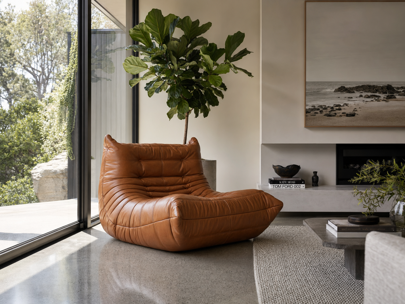 Cognac Tufted Leather Lounger - lifestyle view by FOBOO