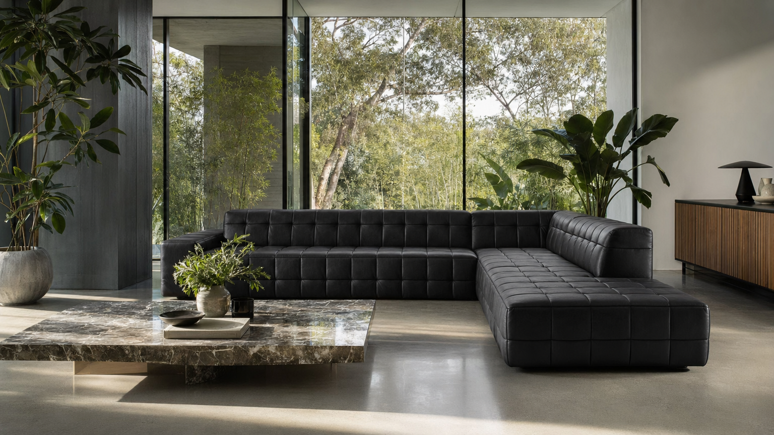 Ebony Quilted Leather Sectional - lifestyle view by FOBOO