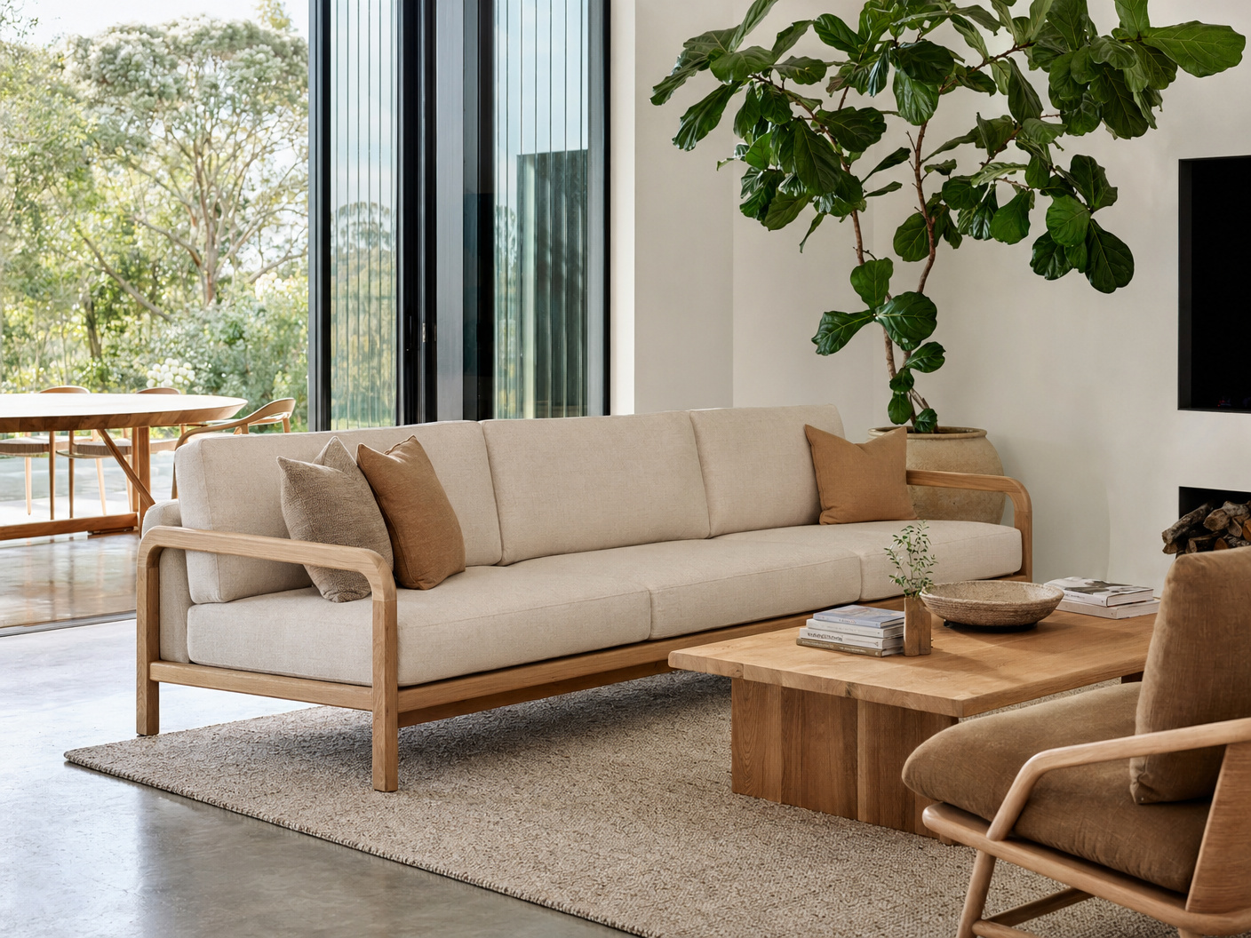Oatmeal Linen Sofa with Oak Frame - lifestyle view by FOBOO