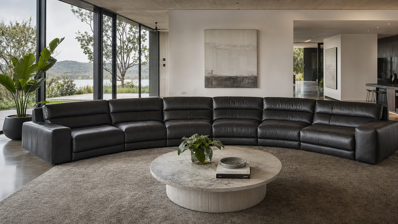 Obsidian Curved Leather Sectional - lifestyle view by FOBOO