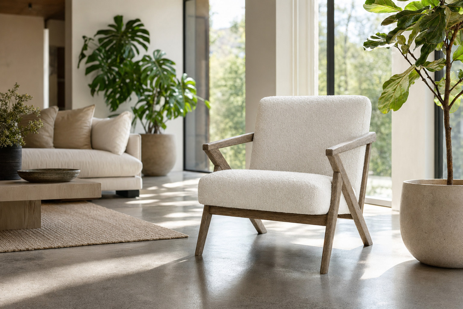 Snow Boucle Oak Armchair - lifestyle view by FOBOO