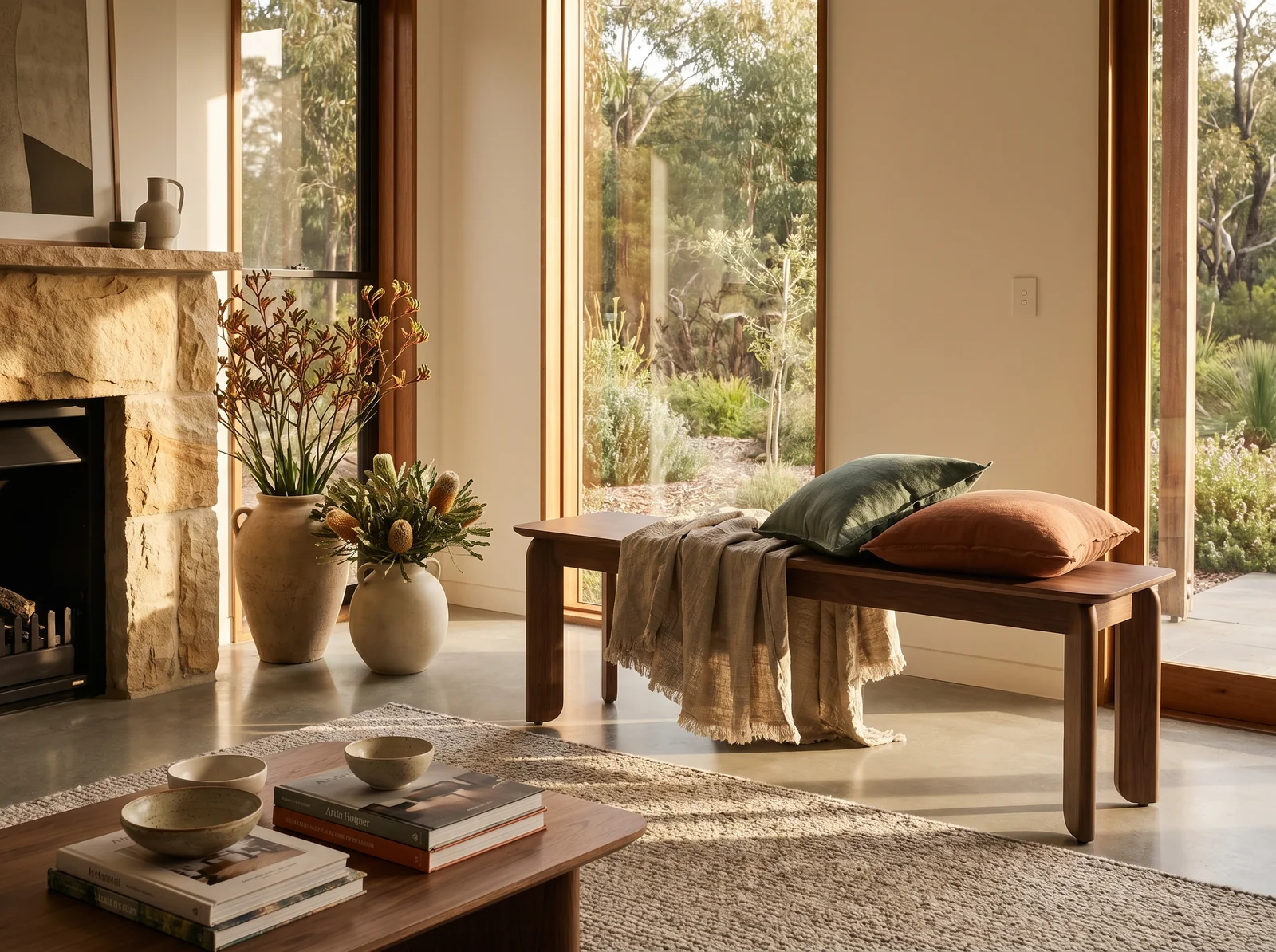 The Archini Living Swallow Bench - styled in living space