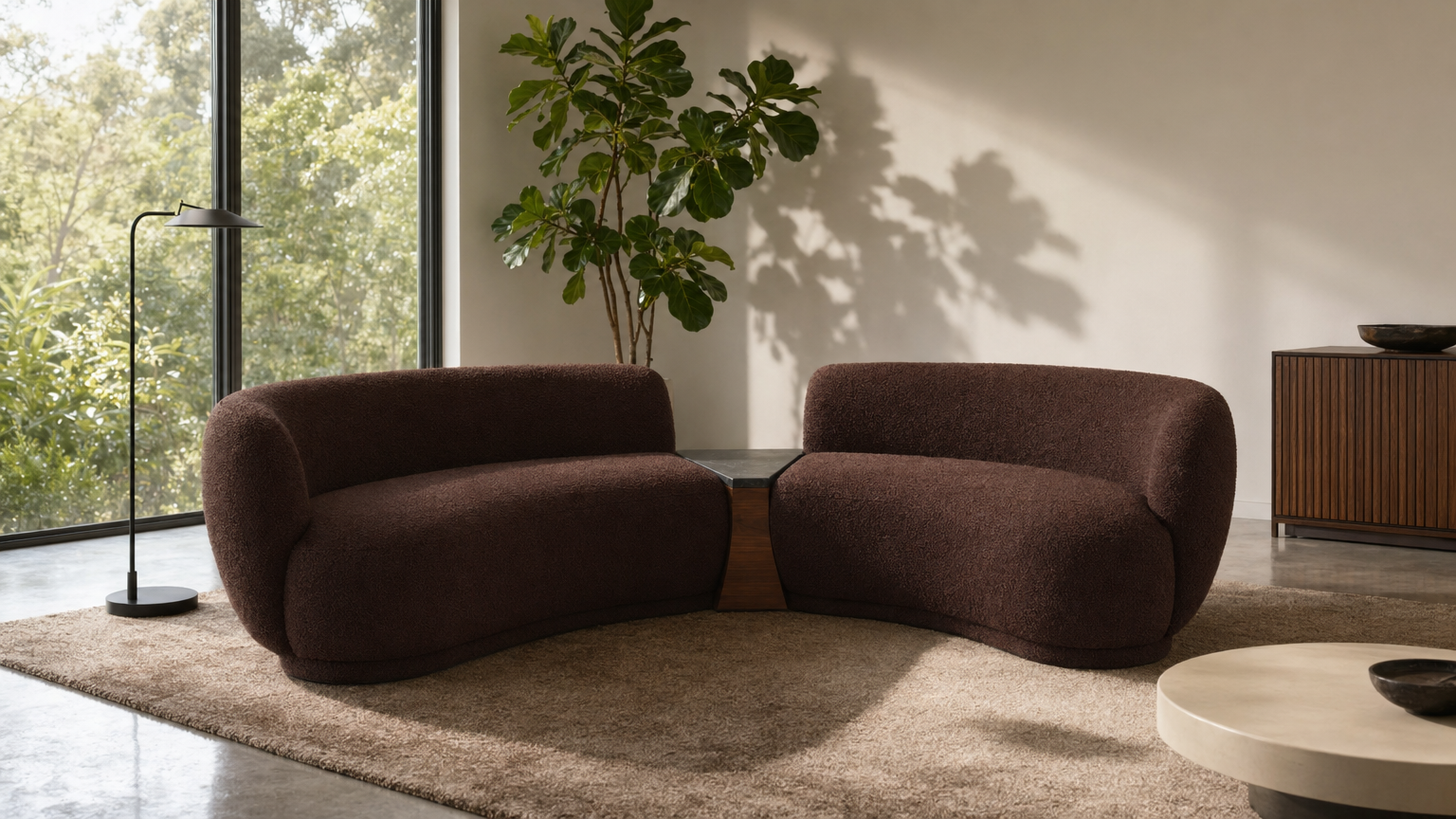 Walnut Curve Sectional with Stone Table - lifestyle view by FOBOO